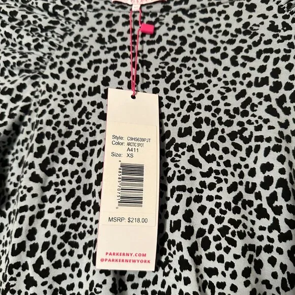 Parker NY Arctic Spot Leopard Ruched Long Sleeve Fit & Flare Dress XS NWT $218 - Picture 3 of 3